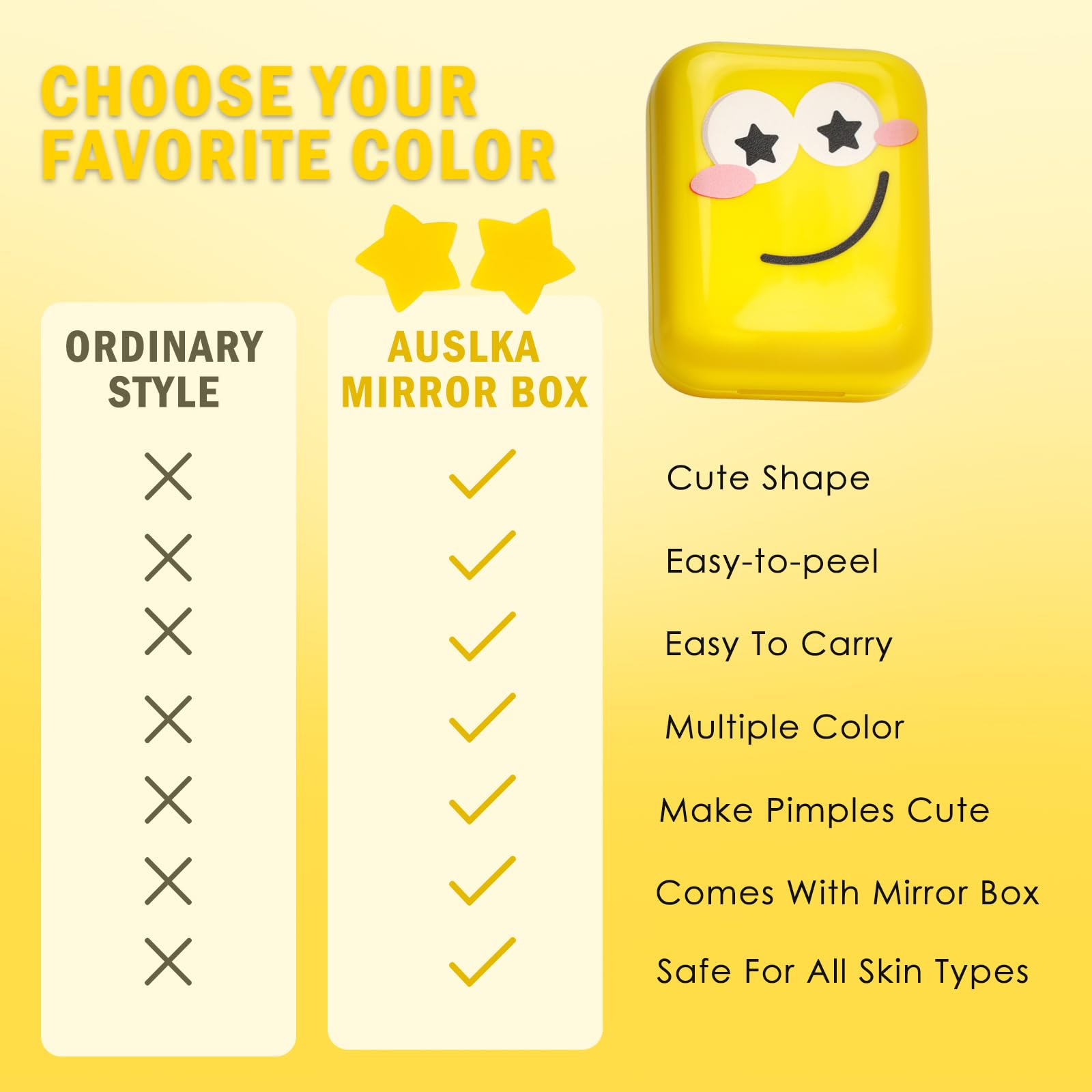 AUSLKA Star Pimple Patches - 150 Count Hydrocolloid Patches with Yellow Star Shape and Mirror