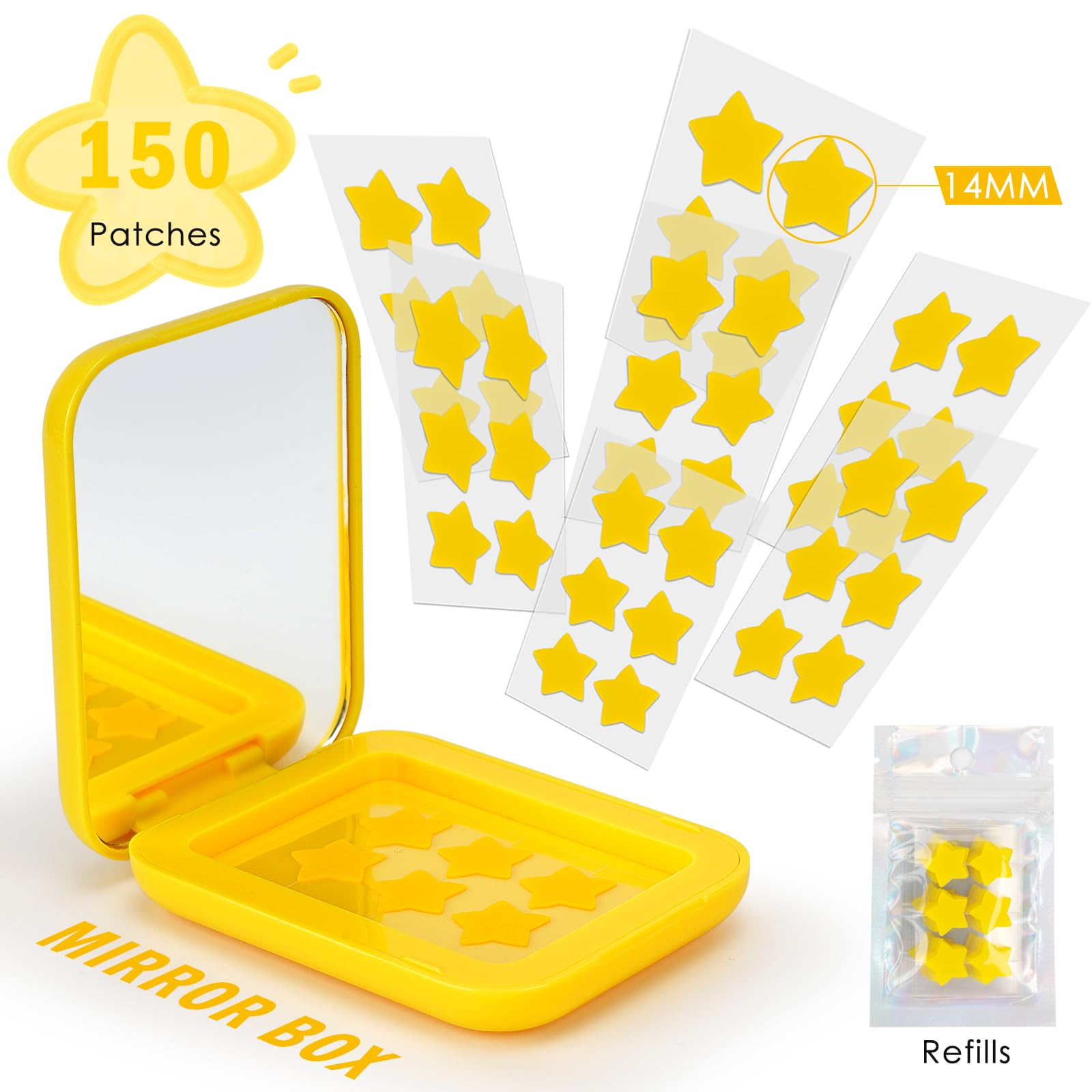 AUSLKA Star Pimple Patches - 150 Count Hydrocolloid Patches with Yellow Star Shape and Mirror