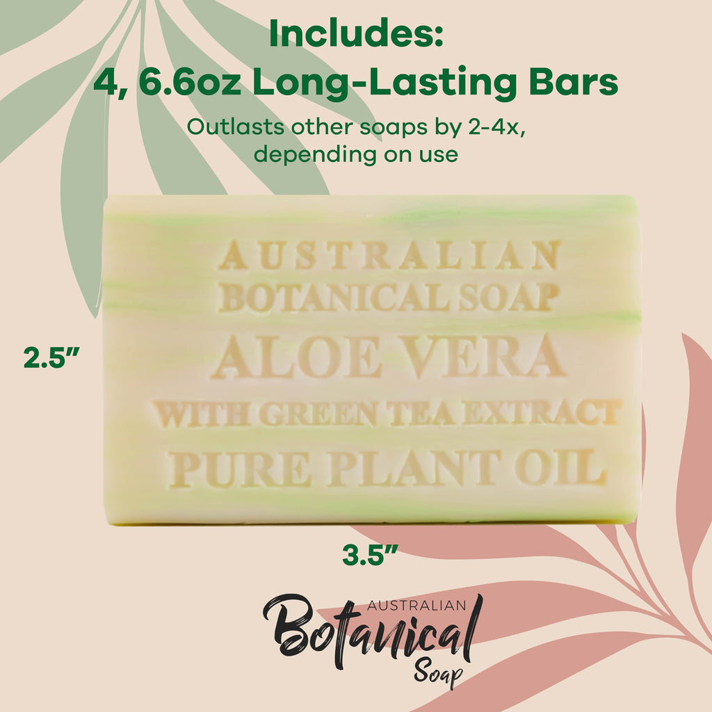 Australian Botanical Soap Aloe Vera with Green Tea Extract – 6.6 oz Luxury Bar, Pack of 4