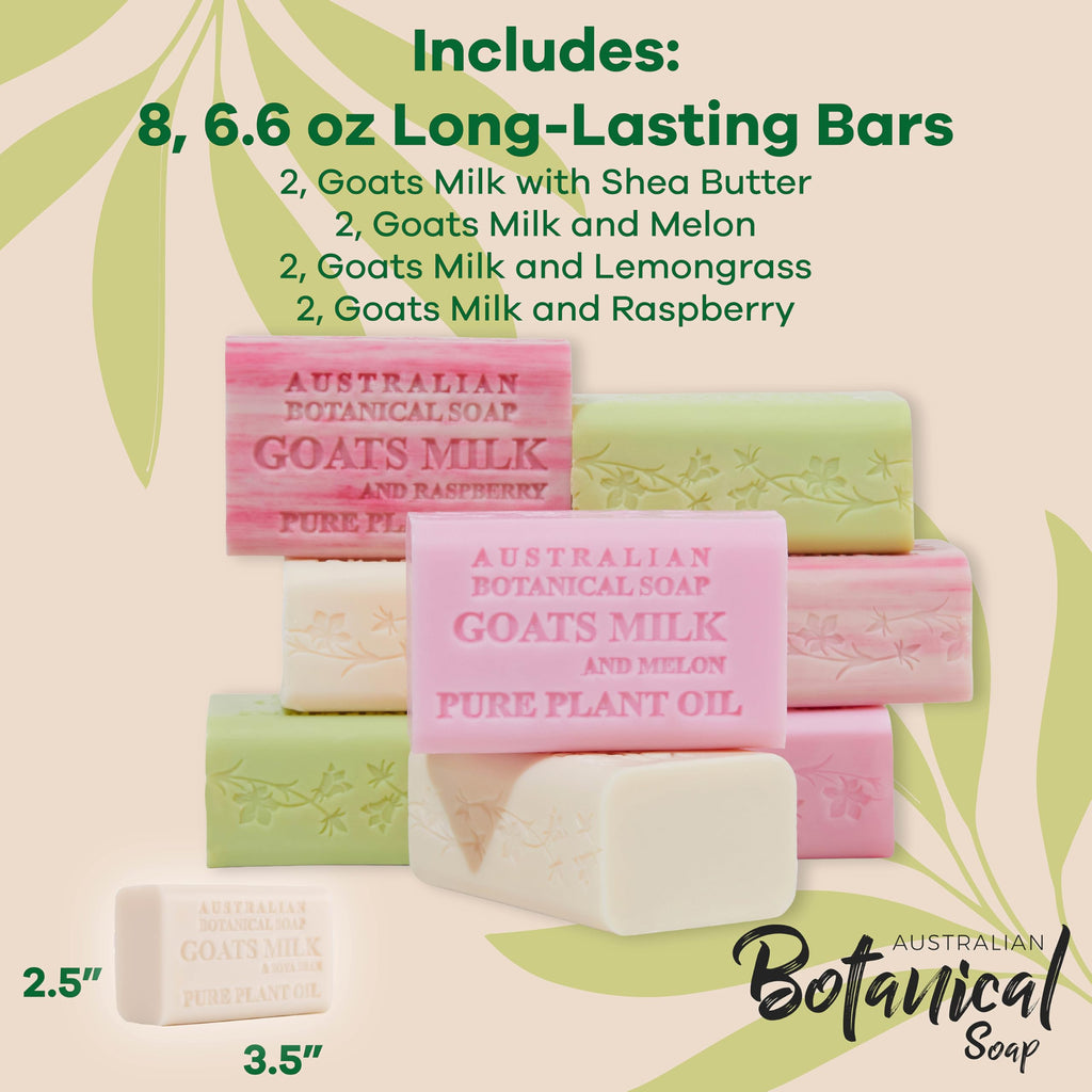 Australian Botanical Soap Goat Milk Collection – 8 Bars x 6.6 oz (Shea, Pink Melon, Lemongrass, Raspberry)