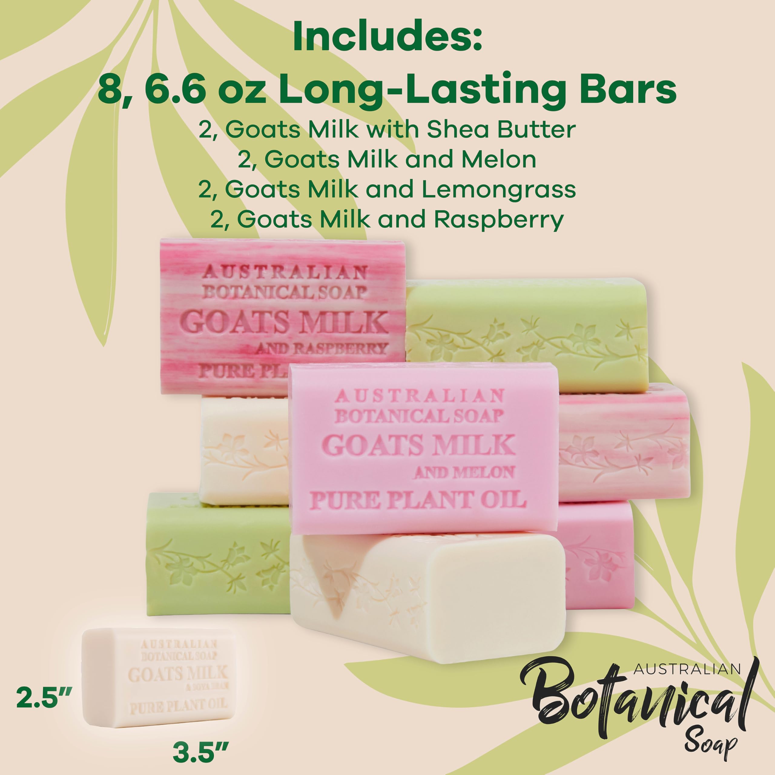 Australian Botanical Soap Goat Milk Collection – 8 Bars x 6.6 oz (Shea, Pink Melon, Lemongrass, Raspberry)