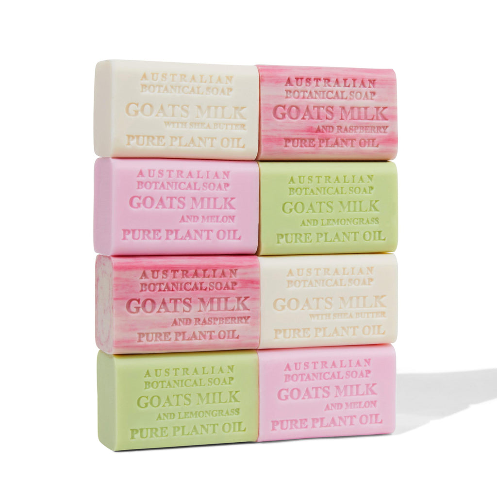 Australian Botanical Soap Goat Milk Collection – 8 Bars x 6.6 oz (Shea, Pink Melon, Lemongrass, Raspberry)