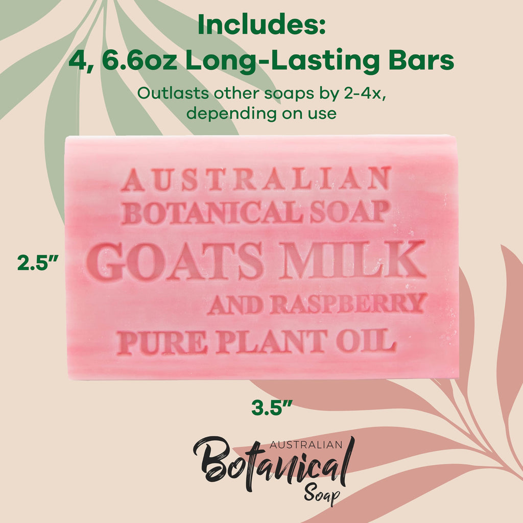Australian Botanical Soap Goats Milk with Raspberry – 6.6 oz Luxury Bars, Pack of 4