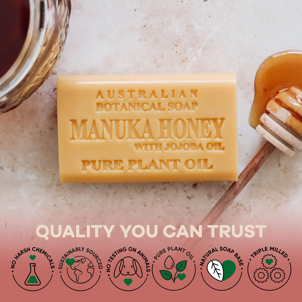 Australian Botanical Soap – Manuka Honey with Jojoba Oil, 6.6 oz Luxury Bars, Shea Butter, Pack of 4