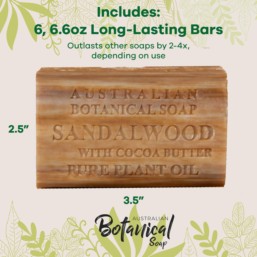 Australian Botanical Soap Sandalwood with Cocoa Butter — 6.6 oz Luxury Bars (Pack of 6)