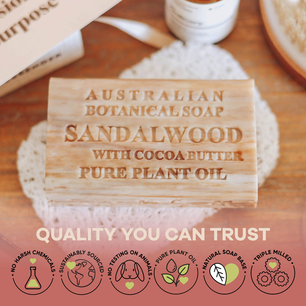 Australian Botanical Soap Sandalwood with Cocoa Butter — 6.6 oz Luxury Bars (Pack of 6)