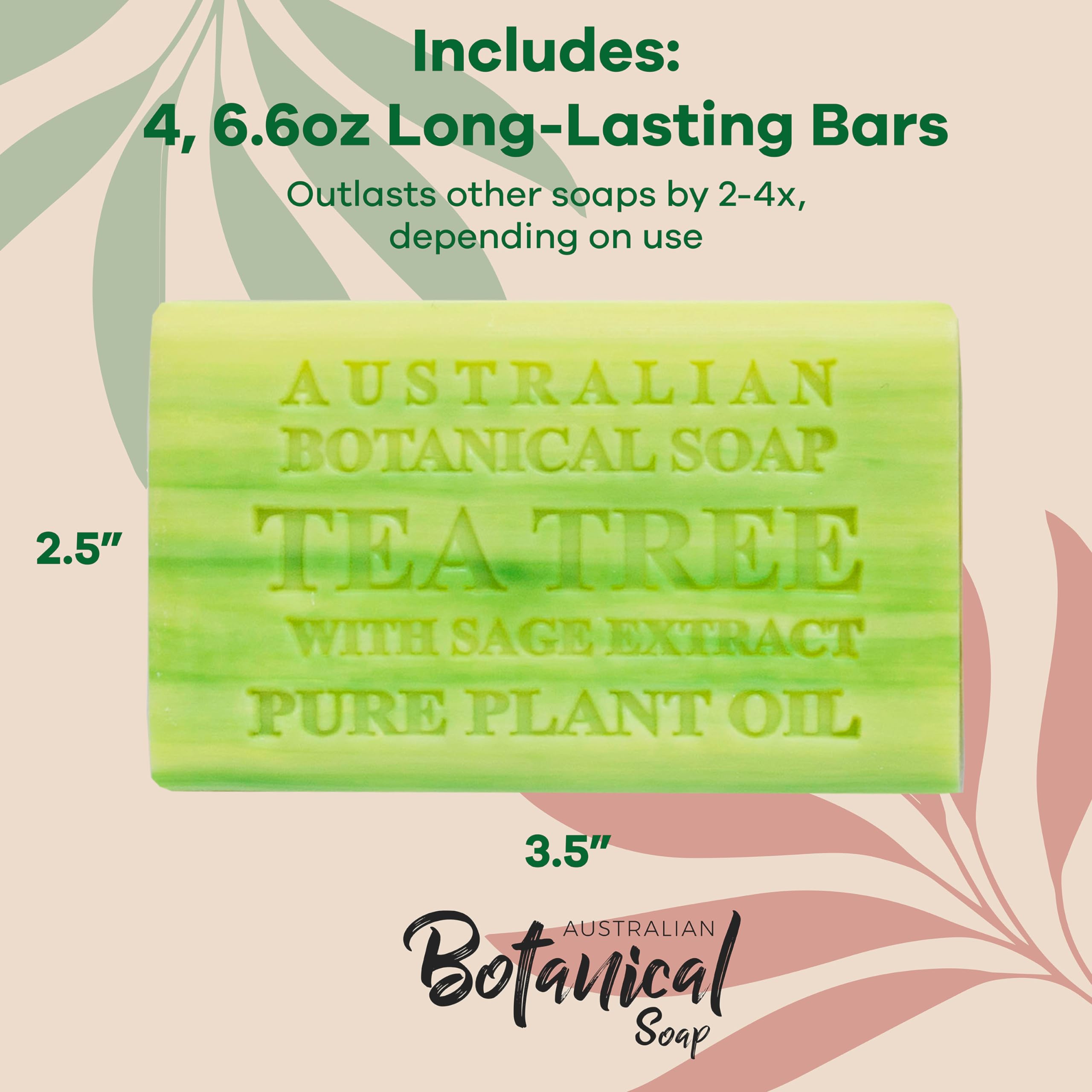 Australian Botanical Soap Tea Tree with Sage Extract – Luxury 6.6 oz Bars (Pack of 4)