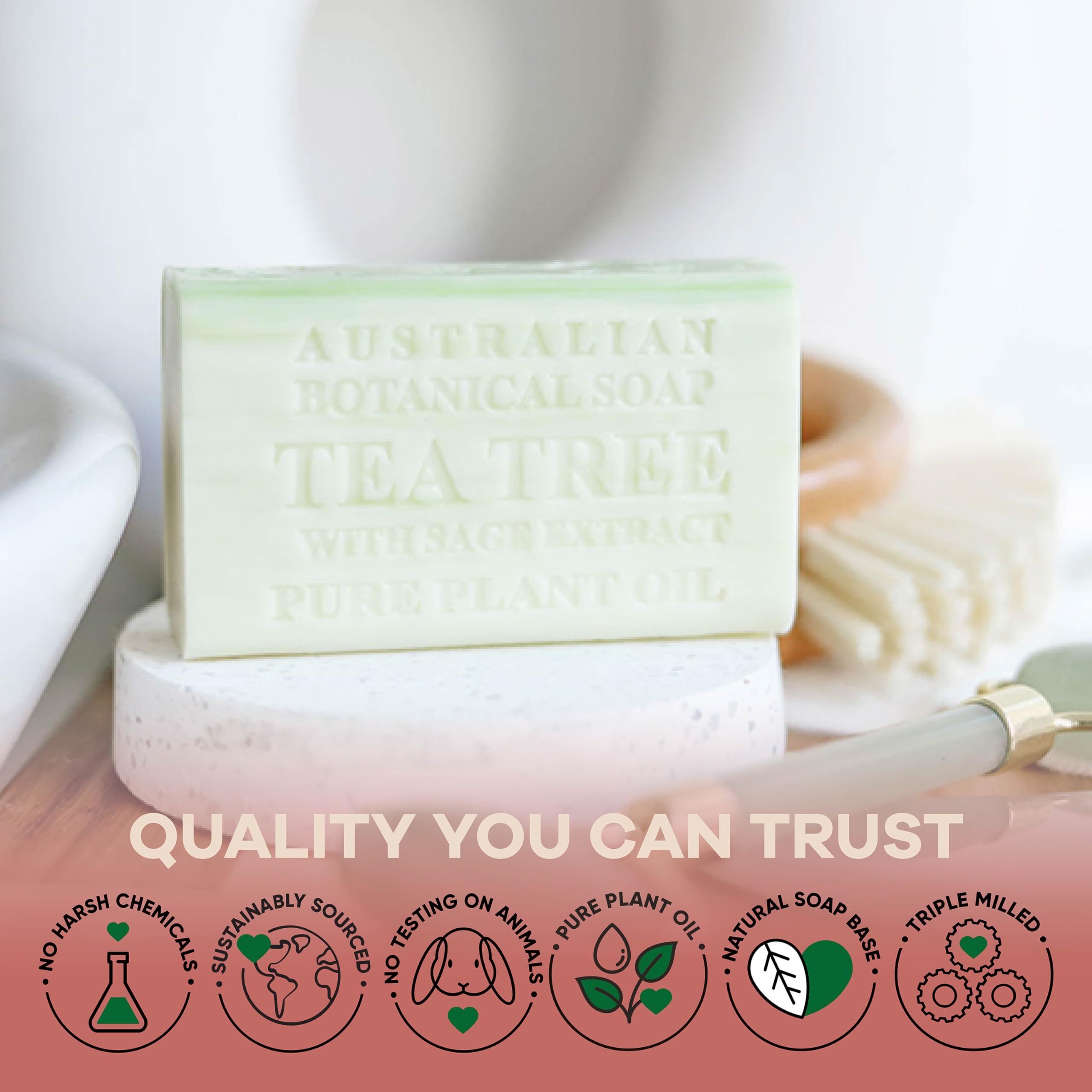 Australian Botanical Soap Tea Tree with Sage Extract – Luxury 6.6 oz Bars (Pack of 4)