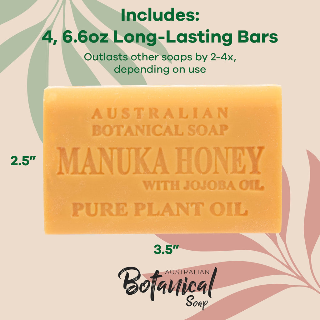 Australian Botanical Soap – Manuka Honey with Jojoba Oil, 6.6 oz Luxury Bars, Shea Butter, Pack of 4