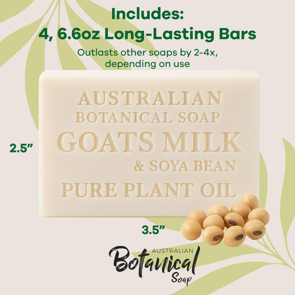 Australian Botanical Soap – Goat Milk Bars, 6.5 oz, Pack of 4 with Soya Bean Oil & Organic Shea Butter