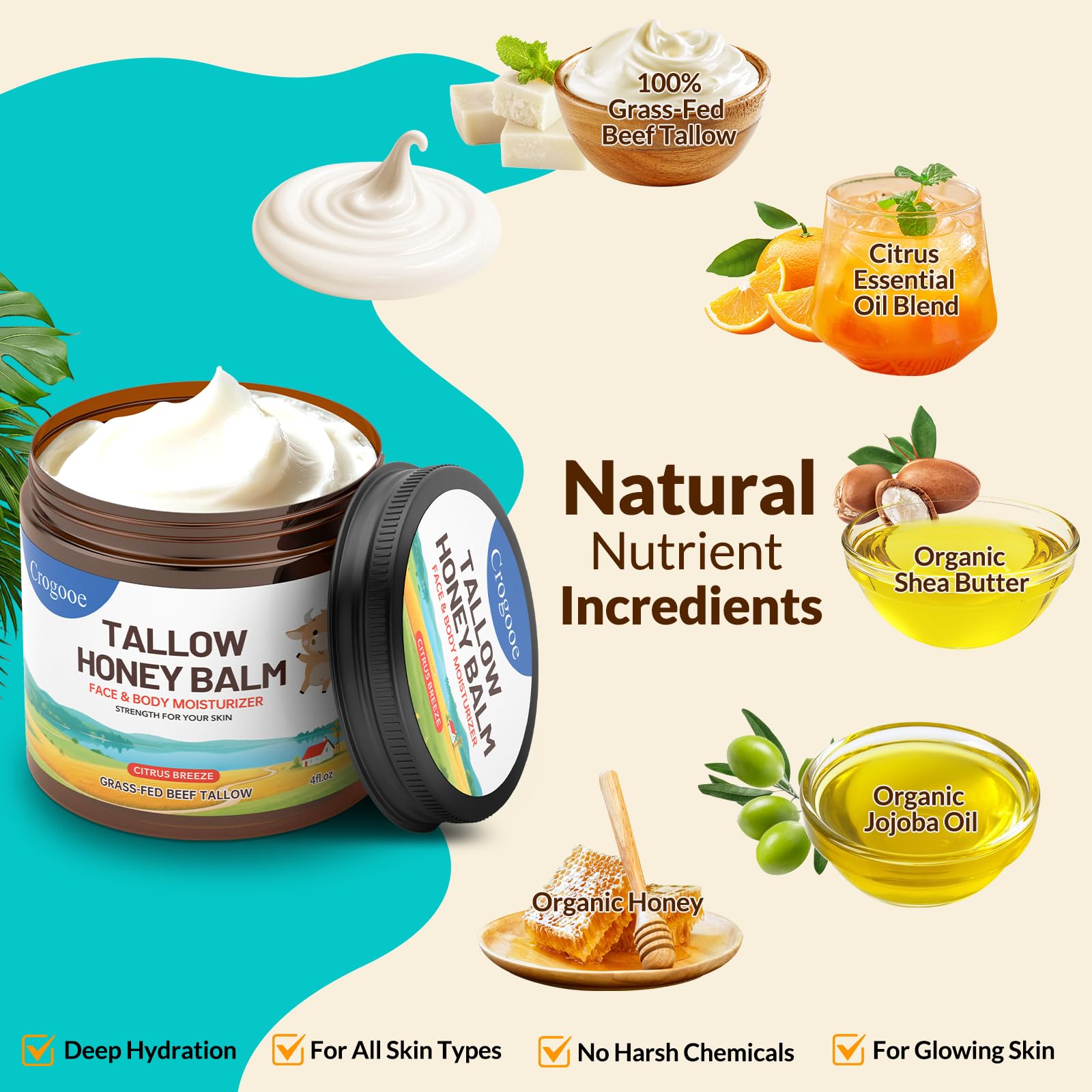 Auteli Beef Tallow Balm – 100% Grass-Fed Whipped Tallow & Honey Moisturizer (Citrus Breeze) 4 oz