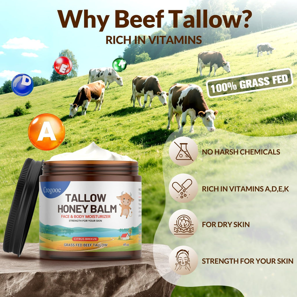 Auteli Beef Tallow Balm – 100% Grass-Fed Whipped Tallow & Honey Moisturizer (Citrus Breeze) 4 oz