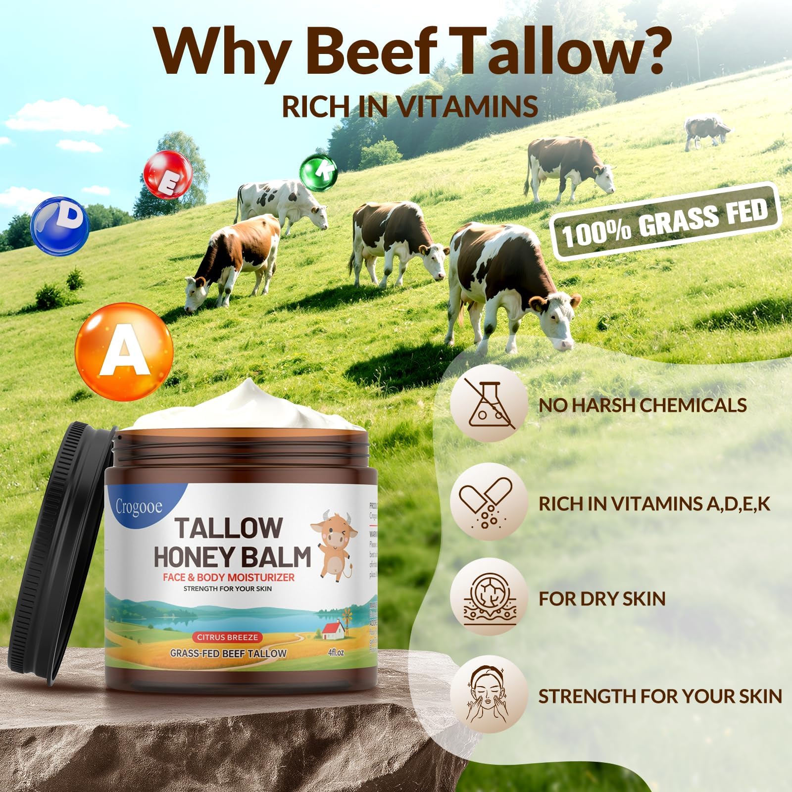 Auteli Beef Tallow Balm – 100% Grass-Fed Whipped Tallow & Honey Moisturizer (Citrus Breeze) 4 oz