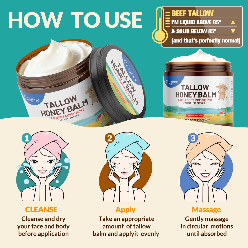 Auteli Beef Tallow Balm – 100% Grass-Fed Whipped Tallow & Honey Moisturizer (Citrus Breeze) 4 oz