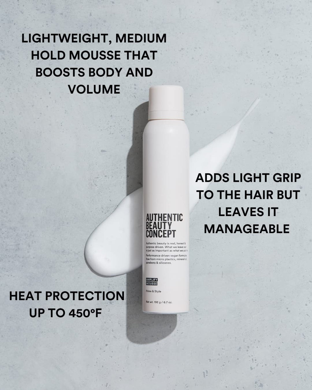 Authentic Beauty Concept Amplify Mousse – Lightweight Volumizing Mousse with Heat Protection, All Hair Types, Vegan & Silicone-Free | 6.7 oz