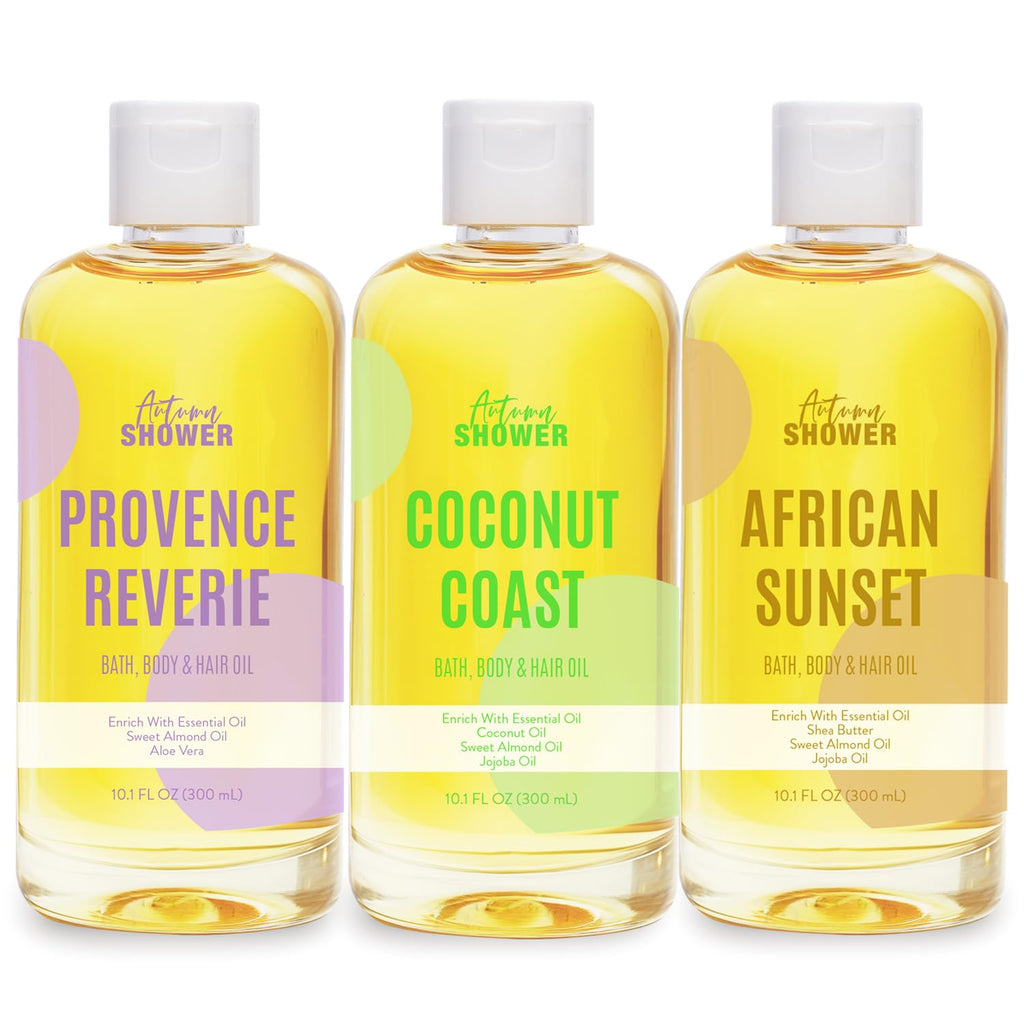 Autumn Shower Bath Oil Set – Sweet Almond, Lavender & Coconut, Multiuse Oil for Hair & Dry Skin (3 x 30 oz)