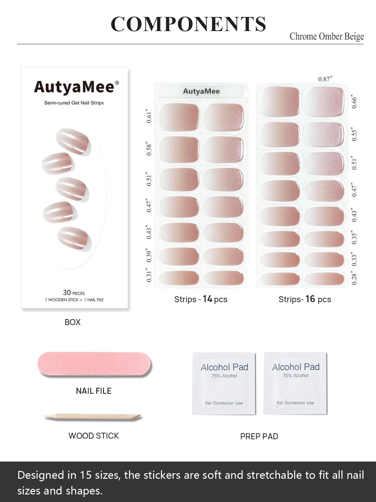 AutyaMee Semi Cured Gel Nail Strips – Chrome Ombre Beige, Pearl Glazed, 30 Pcs