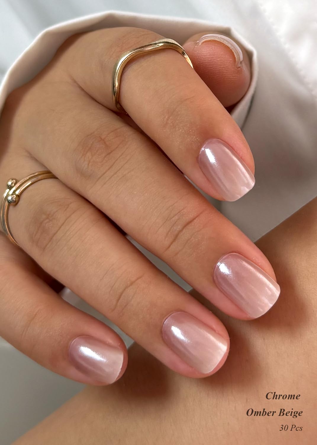 AutyaMee Semi Cured Gel Nail Strips – Chrome Ombre Beige, Pearl Glazed, 30 Pcs
