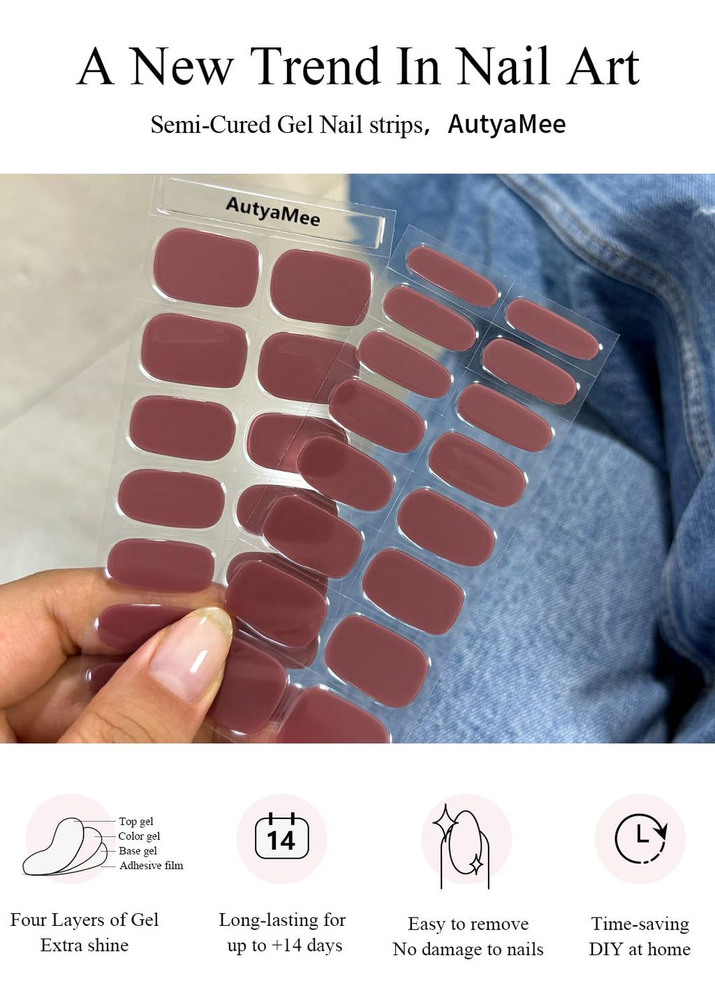 AutyaMee Semi Cured Gel Nail Strips – Fall Mauve, 30 Pcs, UV Light Required