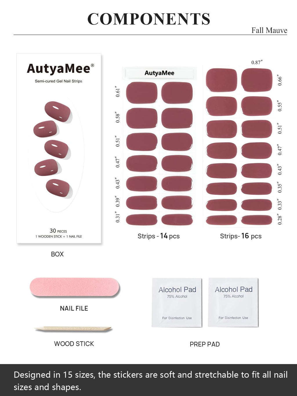 AutyaMee Semi Cured Gel Nail Strips – Fall Mauve, 30 Pcs, UV Light Required