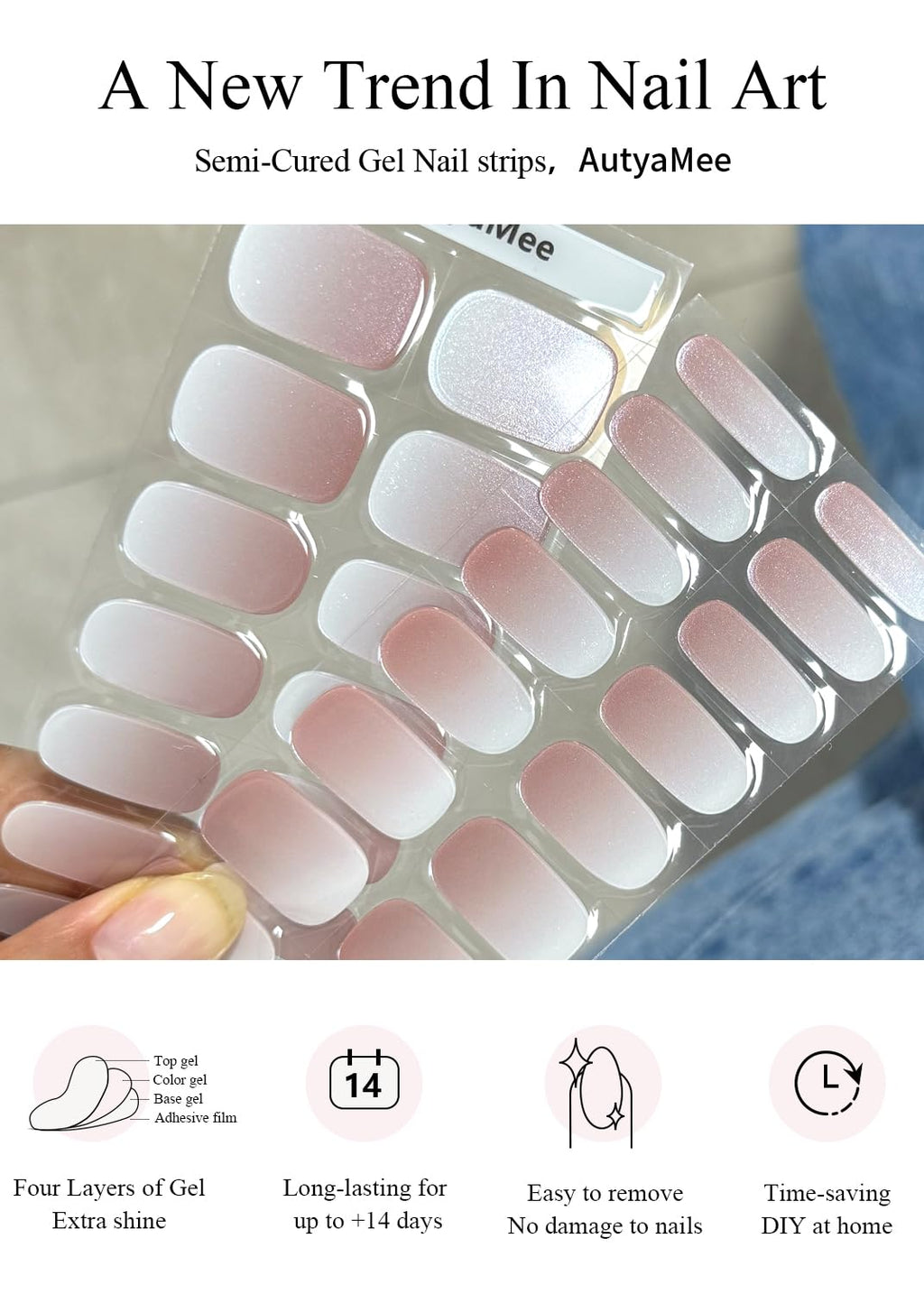 AutyaMee Semi Cured Gel Nail Strips – Chrome Ombre Beige, Pearl Glazed, 30 Pcs
