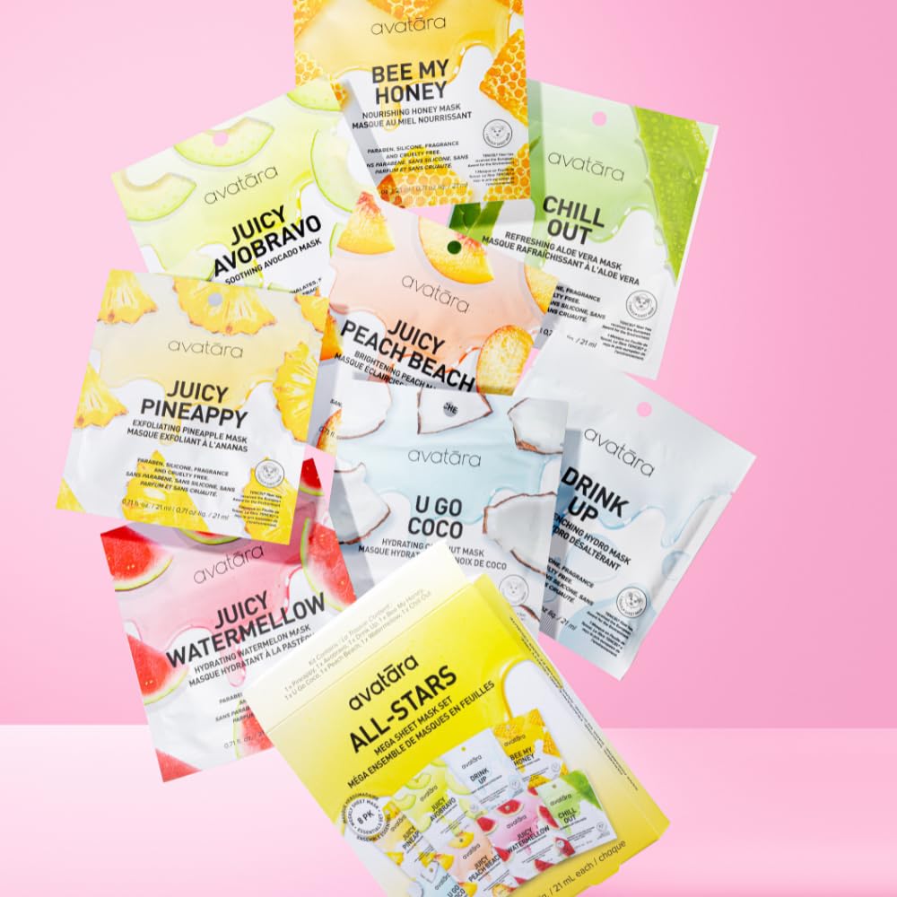 Avatara All-Stars 8-Pack Facial Sheet Masks | Clean Korean K-Beauty for Dry & Sensitive Skin (Fragrance-Free, Paraben-Free & Cruelty-Free)