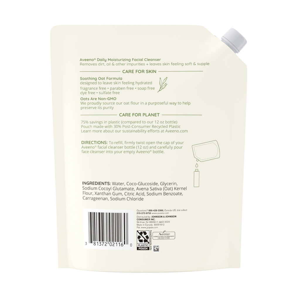 Aveeno Daily Moisturizing Facial Cleanser Refill Pouch – Oat, Fragrance-Free, 16 fl oz