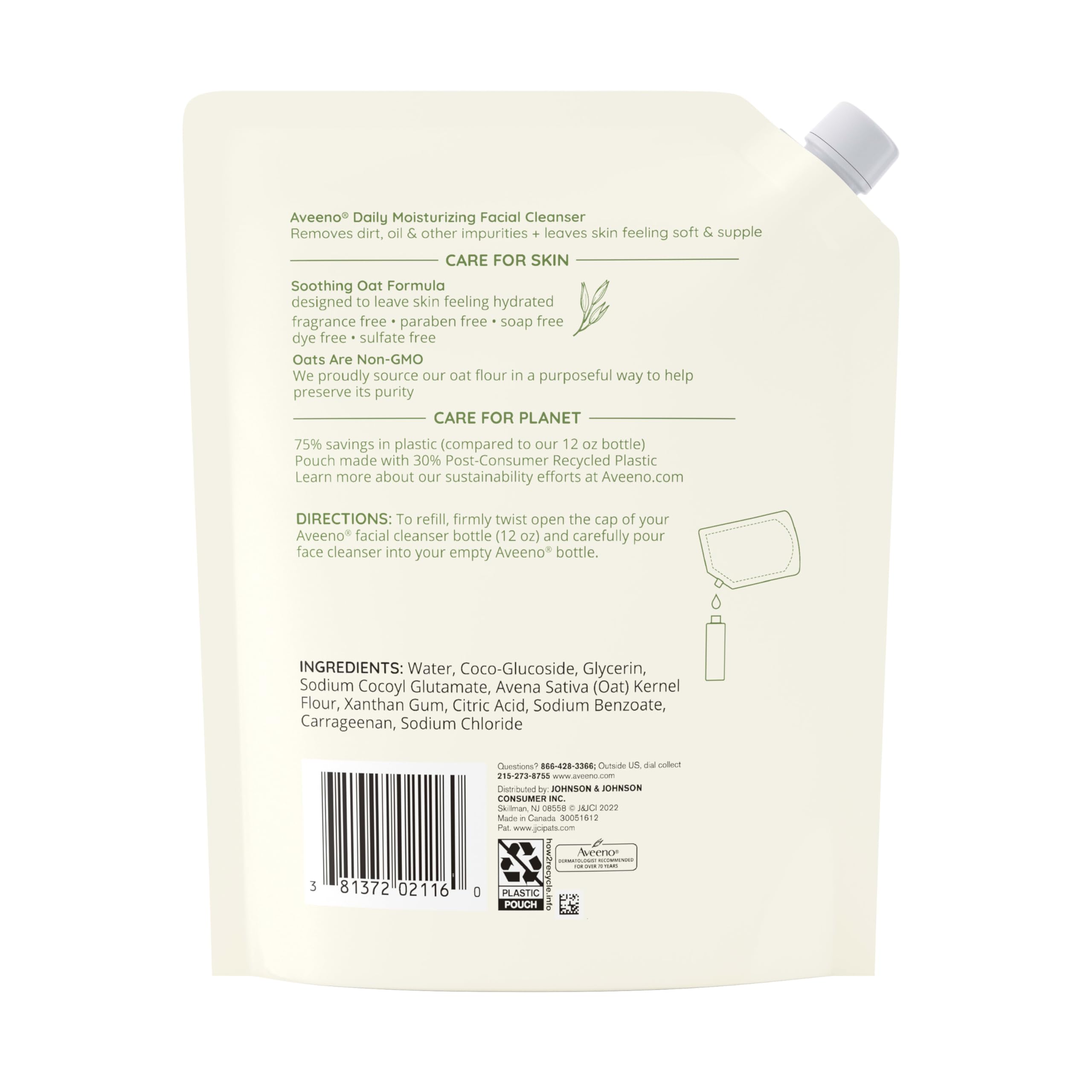 Aveeno Daily Moisturizing Facial Cleanser Refill Pouch – Oat, Fragrance-Free, 16 fl oz