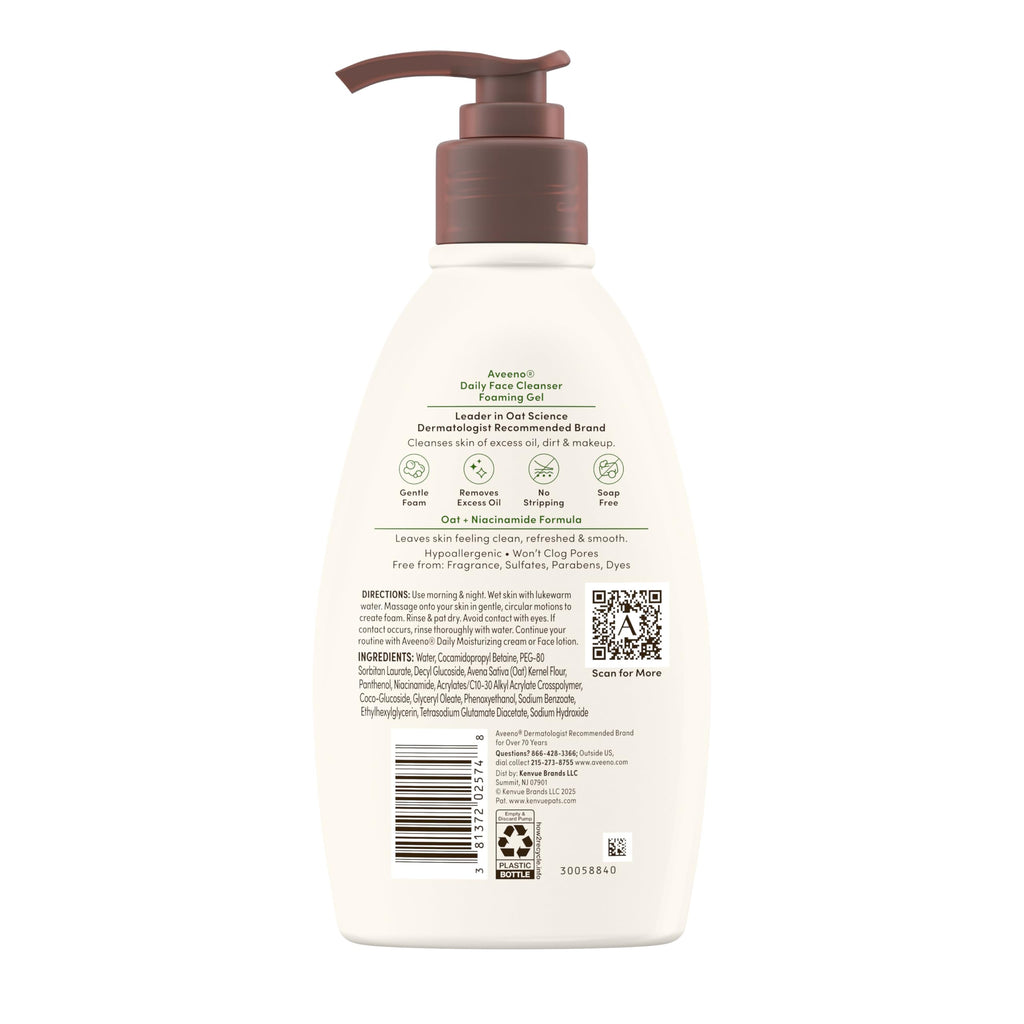 Aveeno Daily Foaming Gel Facial Cleanser – Fragrance Free, 12 fl oz