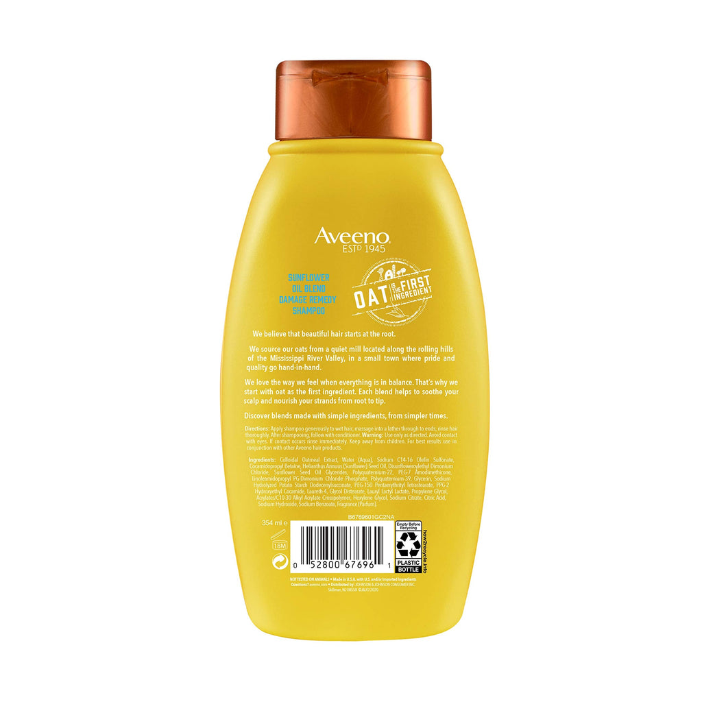 Aveeno Deep Moisturizing Sunflower Oil Blend Shampoo with Oat – Sulfate & Paraben Free for Dry Damaged Hair (12 oz)