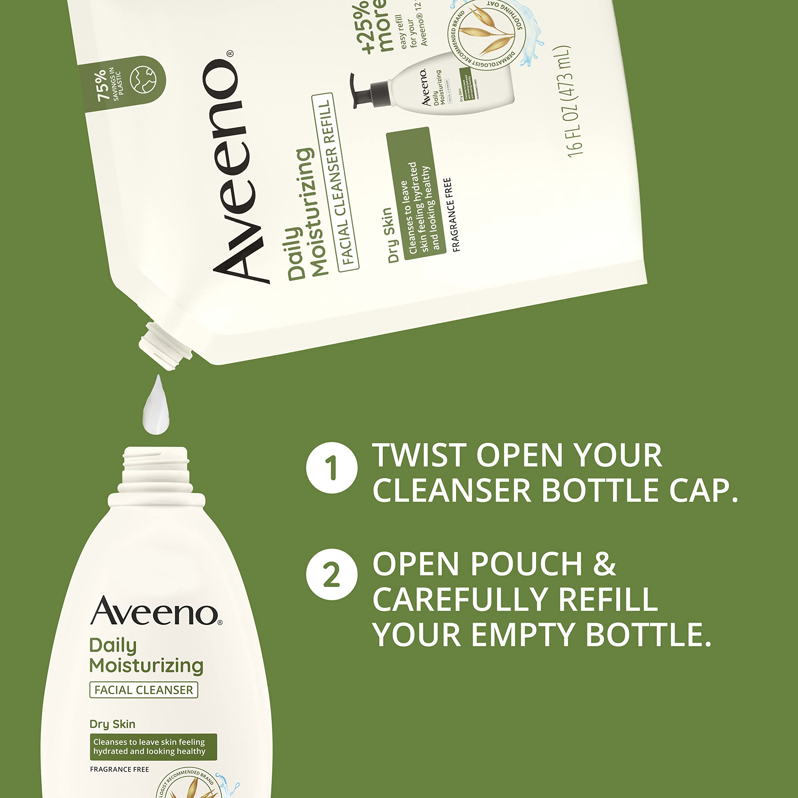 Aveeno Daily Moisturizing Facial Cleanser Refill Pouch – Oat, Fragrance-Free, 16 fl oz