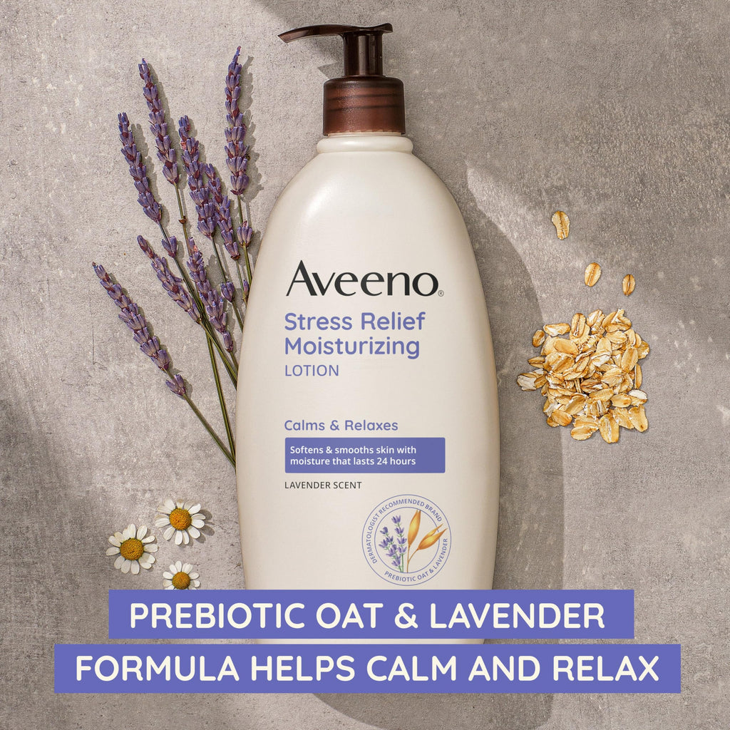 Aveeno Stress Relief Moisturizing Lotion with Lavender and Prebiotic Oat — 2.5 fl oz Travel Size, 12 Pack