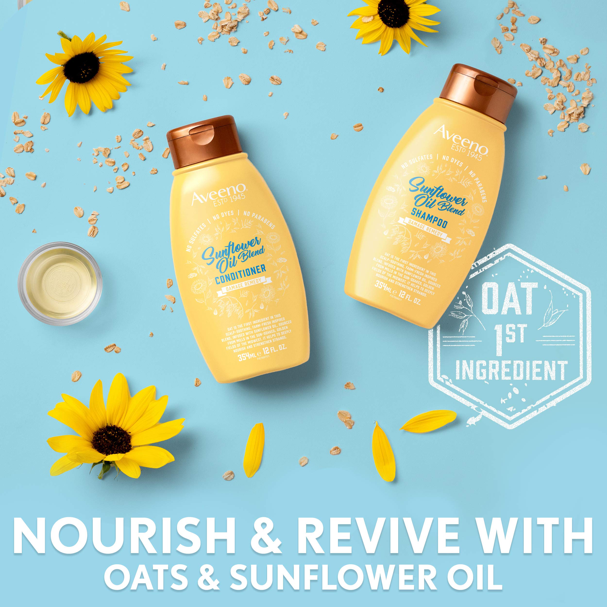 Aveeno Deep Moisturizing Sunflower Oil Blend Shampoo with Oat – Sulfate & Paraben Free for Dry Damaged Hair (12 oz)