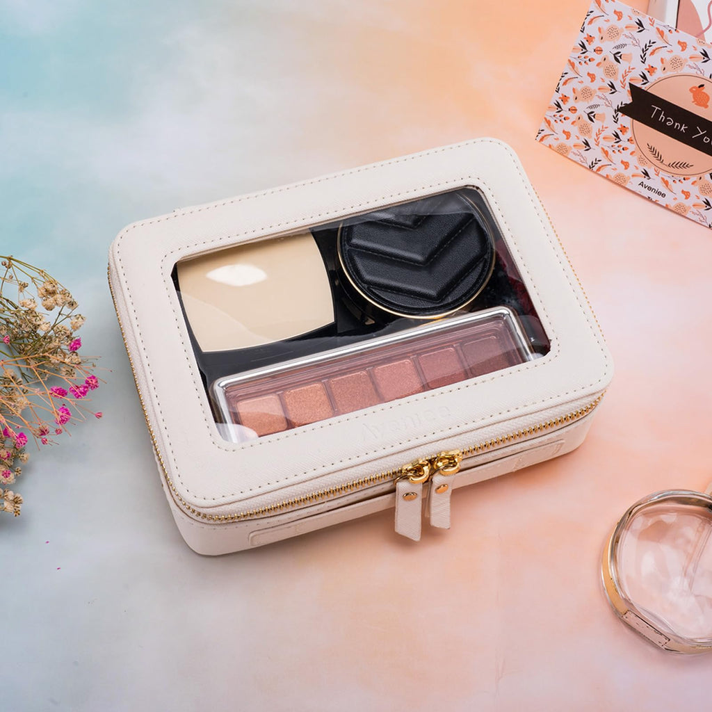Aveniee Clear Makeup Bag Organizer | Premium PU Leather, TSA-Approved