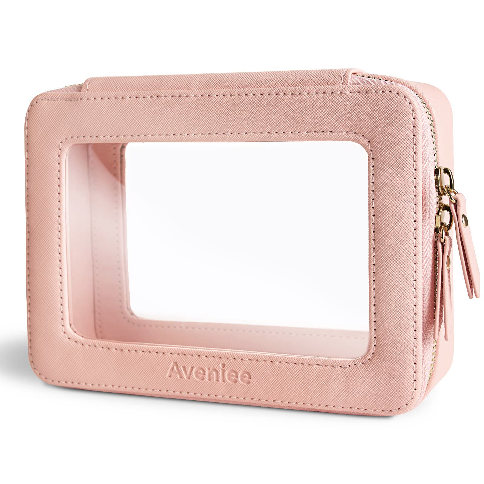 Aveniee Clear Makeup Bag Organizer - Large Pink Travel Toiletry Case, Waterproof PU Leather