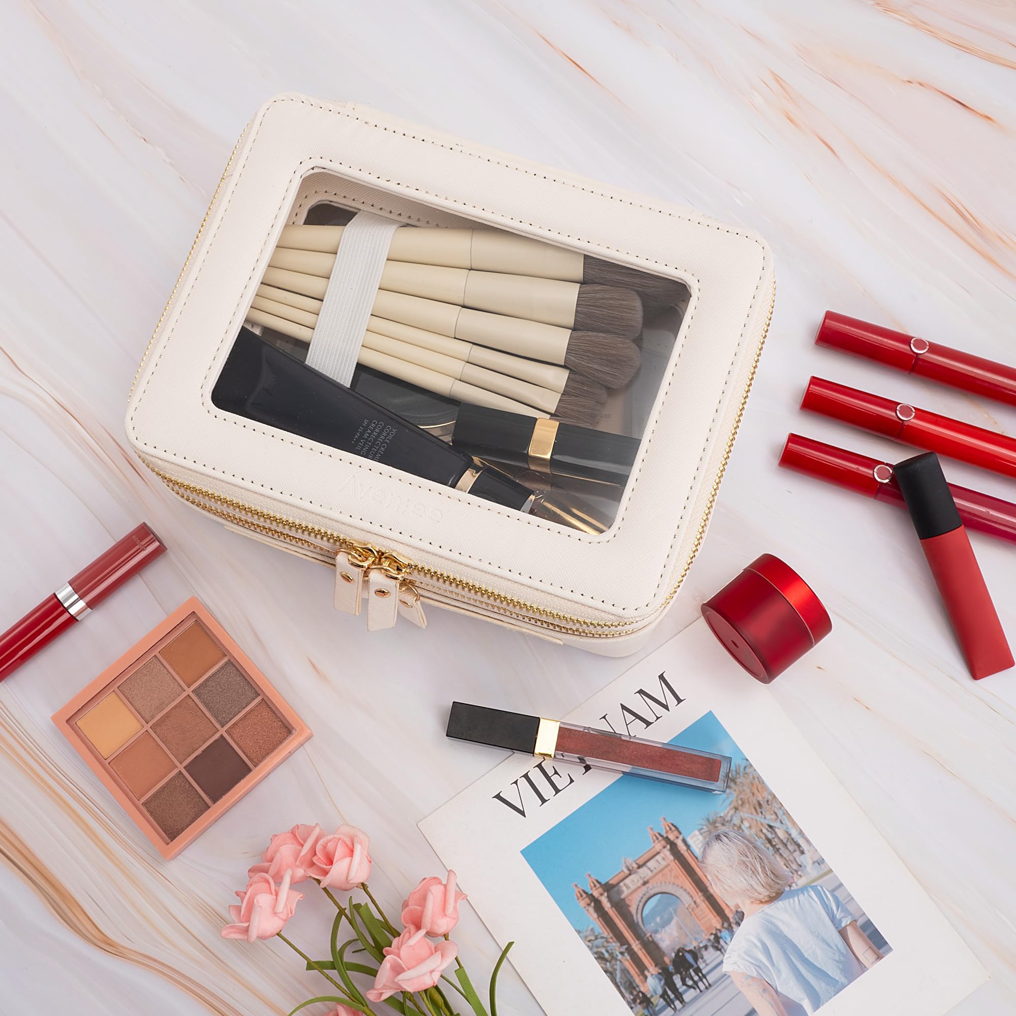 Aveniee Large Clear 2-Layer Makeup Bag with Brush Compartment – White