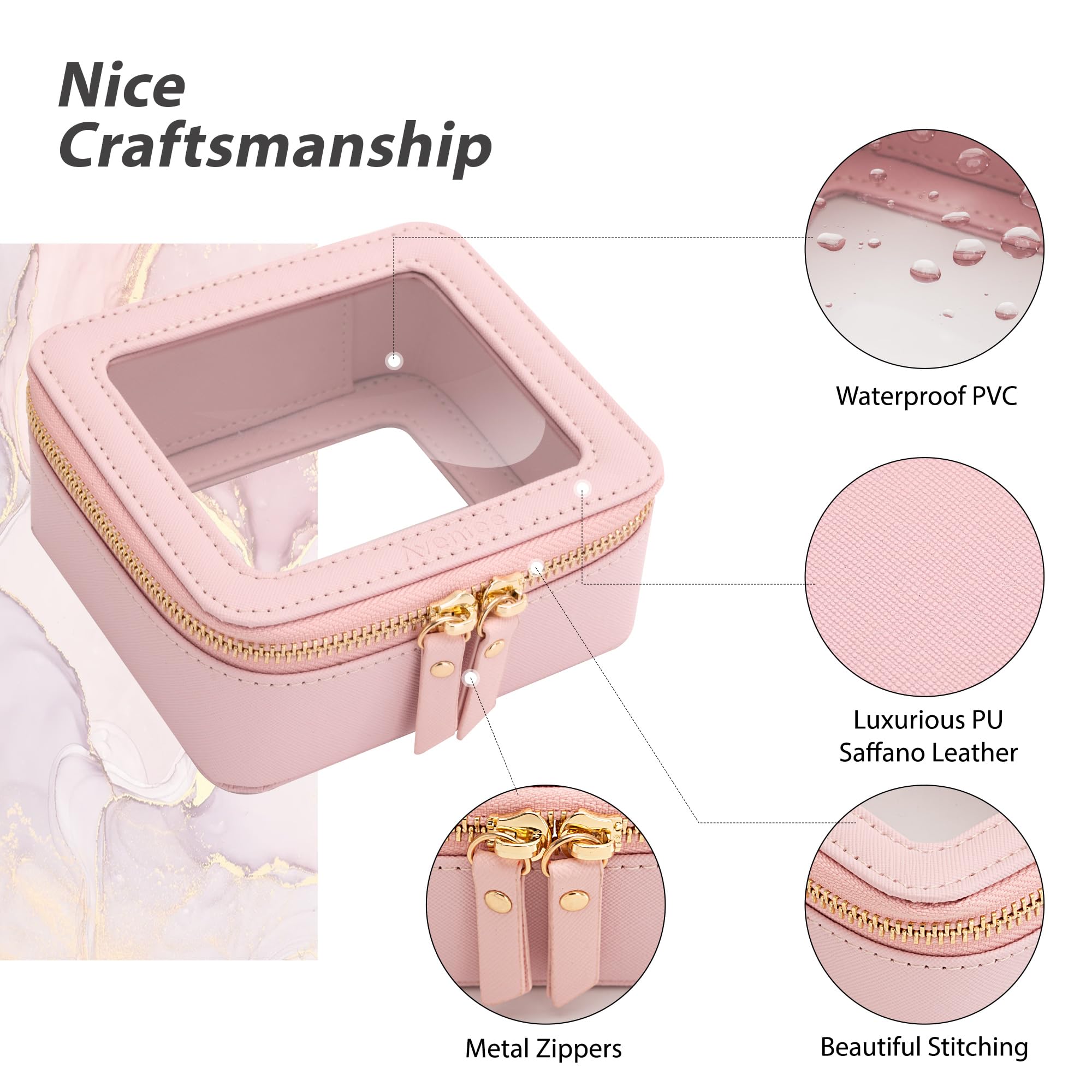 Aveniee Small Clear Makeup Bag – TSA-Approved Mini Travel Organizer, Waterproof Pink