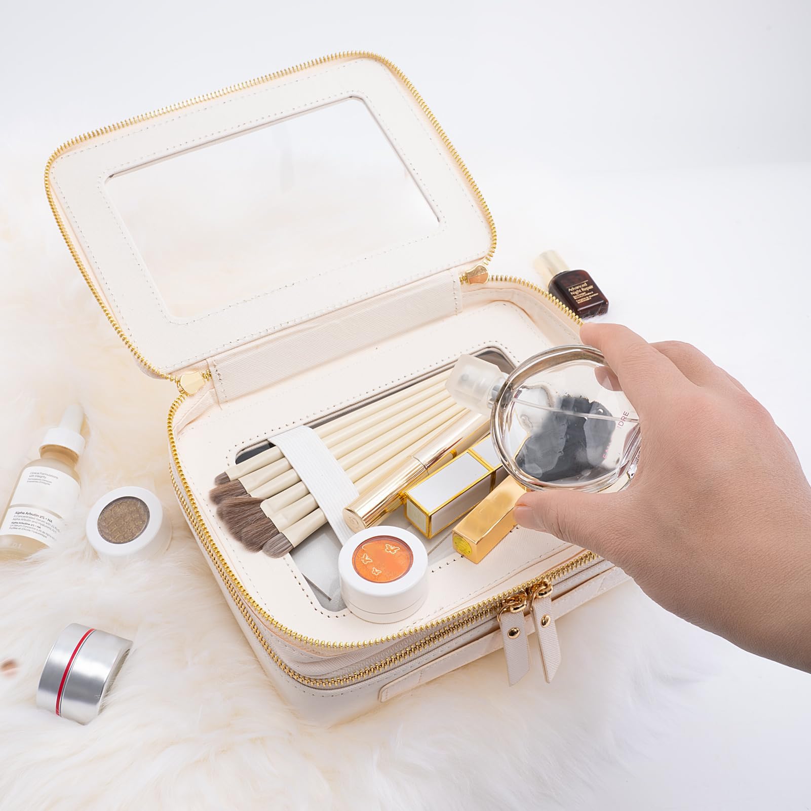 Aveniee Large Clear 2-Layer Makeup Bag with Brush Compartment – White