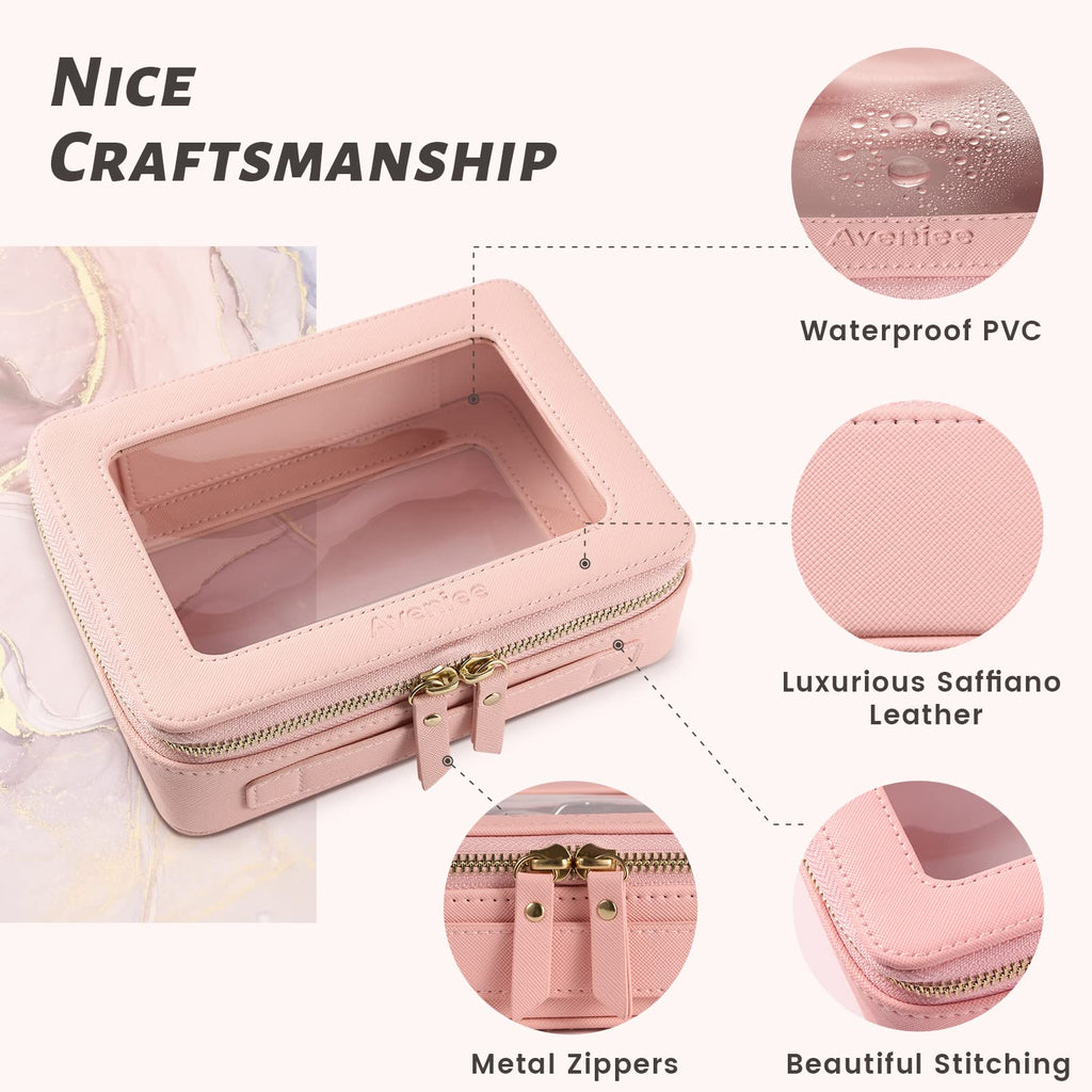 Aveniee Clear Makeup Bag Organizer - Large Pink Travel Toiletry Case, Waterproof PU Leather