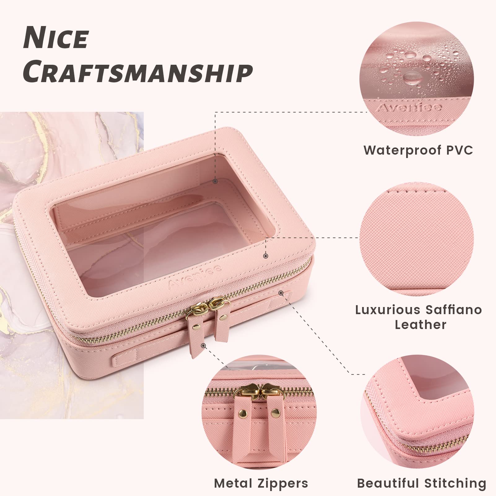 Aveniee Clear Makeup Bag Organizer - Large Pink Travel Toiletry Case, Waterproof PU Leather