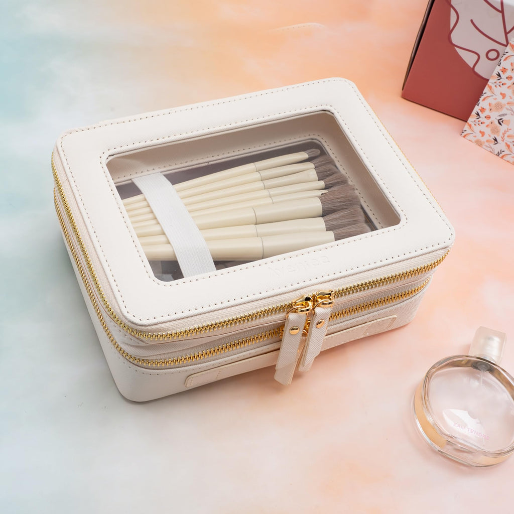 Aveniee Large Clear 2-Layer Makeup Bag with Brush Compartment – White