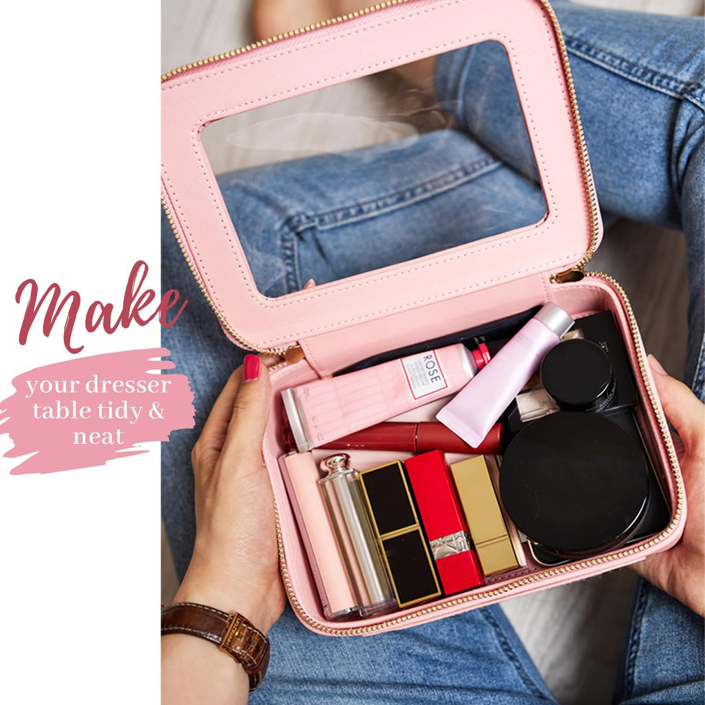 Aveniee Clear Makeup Bag Organizer - Large Pink Travel Toiletry Case, Waterproof PU Leather