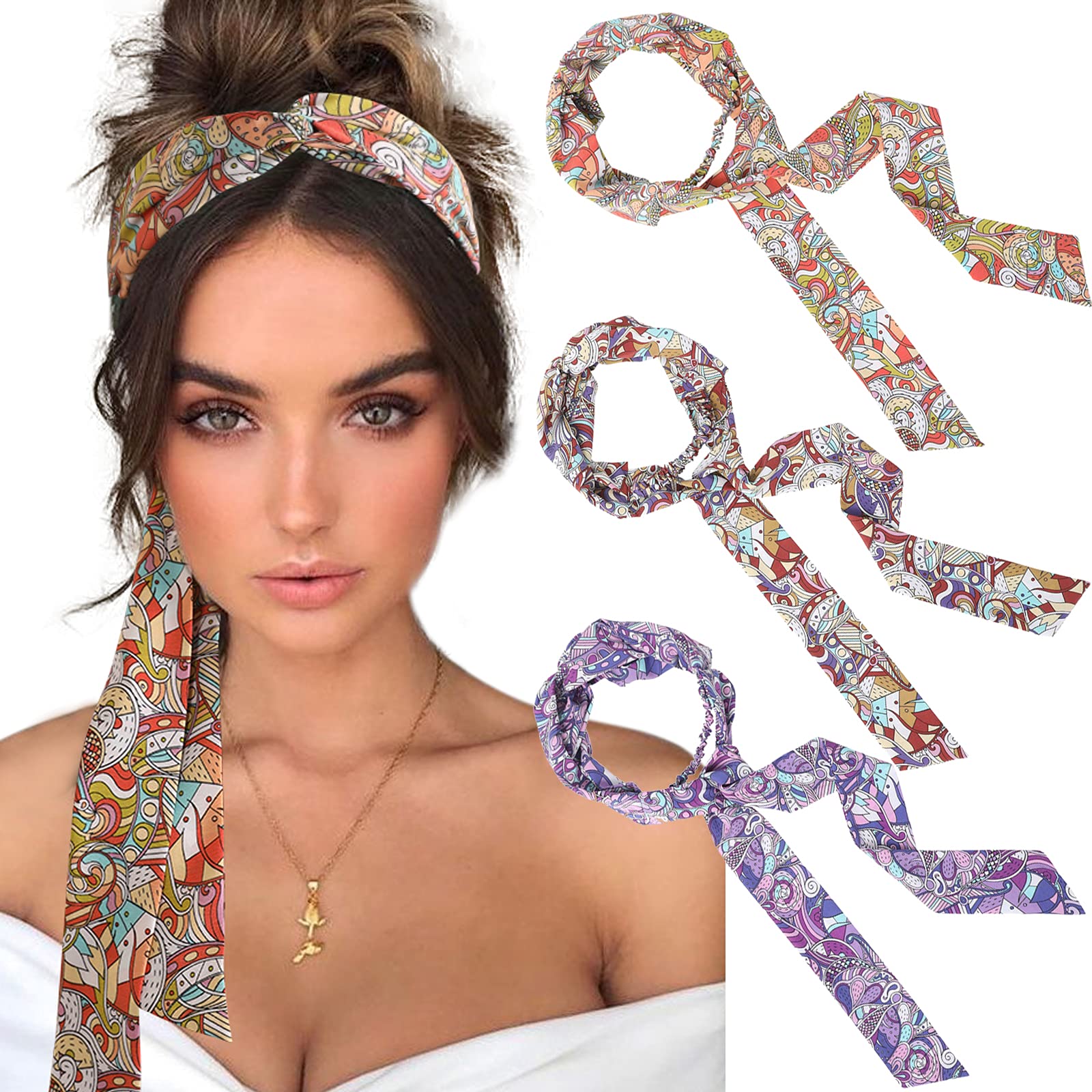 AWAYTR Women's Chiffon Non-Slip Head Wraps – 3-Pack Twist Knotted Criss Cross Headbands for Thick Hair (Cashews Red Orange Purple)