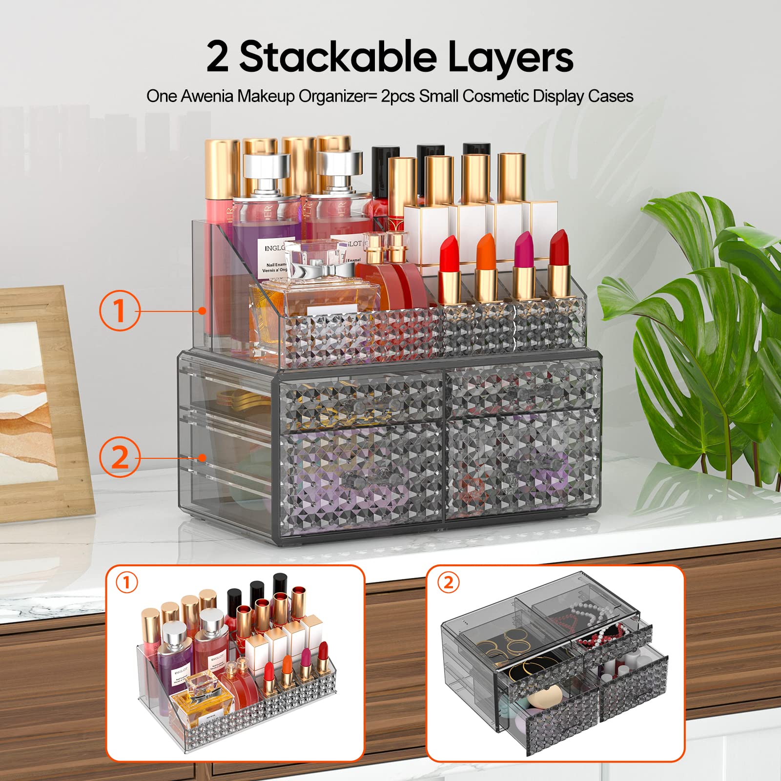 Awenia 2 Pack Stackable Makeup Organizer with Drawers – Acrylic Cosmetic Storage for Vanity, Brushes & Accessories