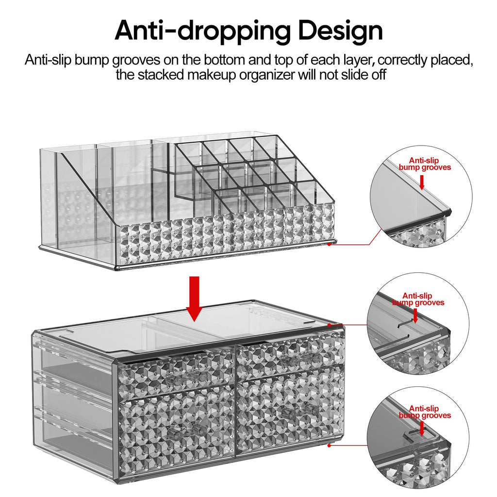 Awenia 2 Pack Stackable Makeup Organizer with Drawers – Acrylic Cosmetic Storage for Vanity, Brushes & Accessories