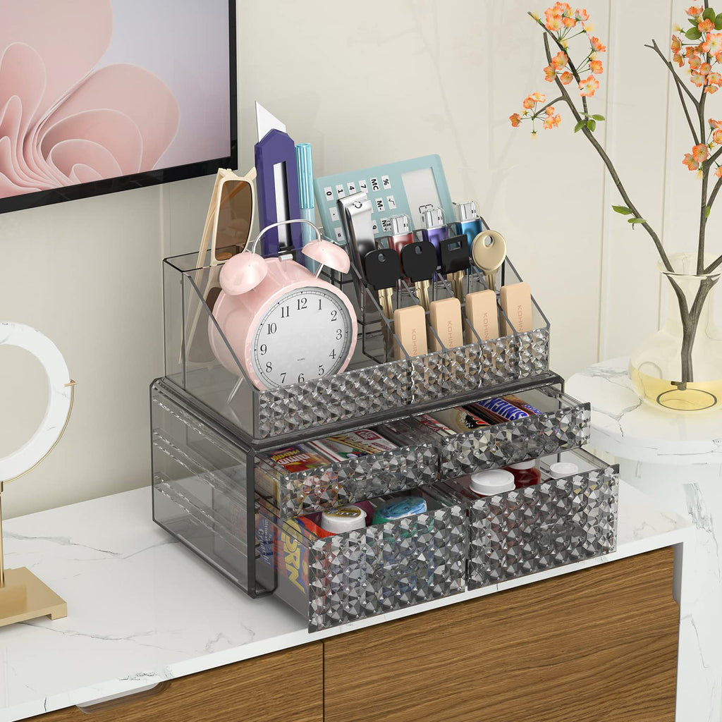 Awenia 2 Pack Stackable Makeup Organizer with Drawers – Acrylic Cosmetic Storage for Vanity, Brushes & Accessories
