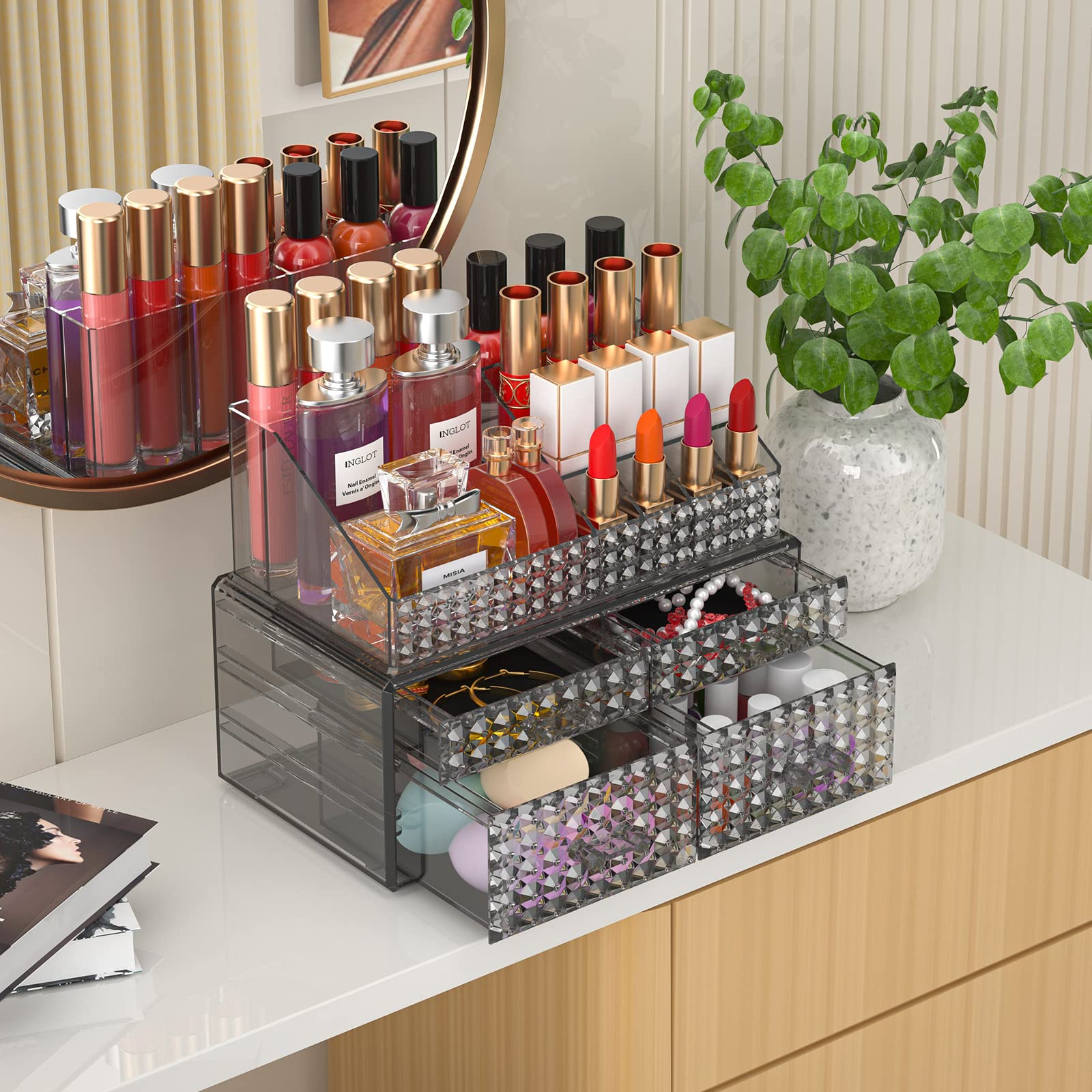Awenia 2 Pack Stackable Makeup Organizer with Drawers – Acrylic Cosmetic Storage for Vanity, Brushes & Accessories