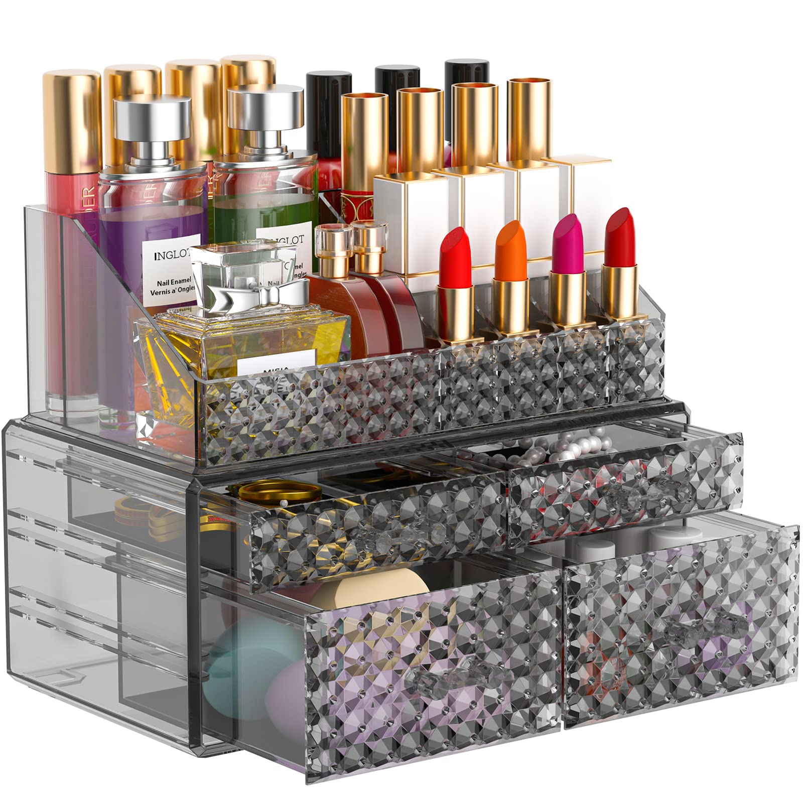 Awenia 2 Pack Stackable Makeup Organizer with Drawers – Acrylic Cosmetic Storage for Vanity, Brushes & Accessories