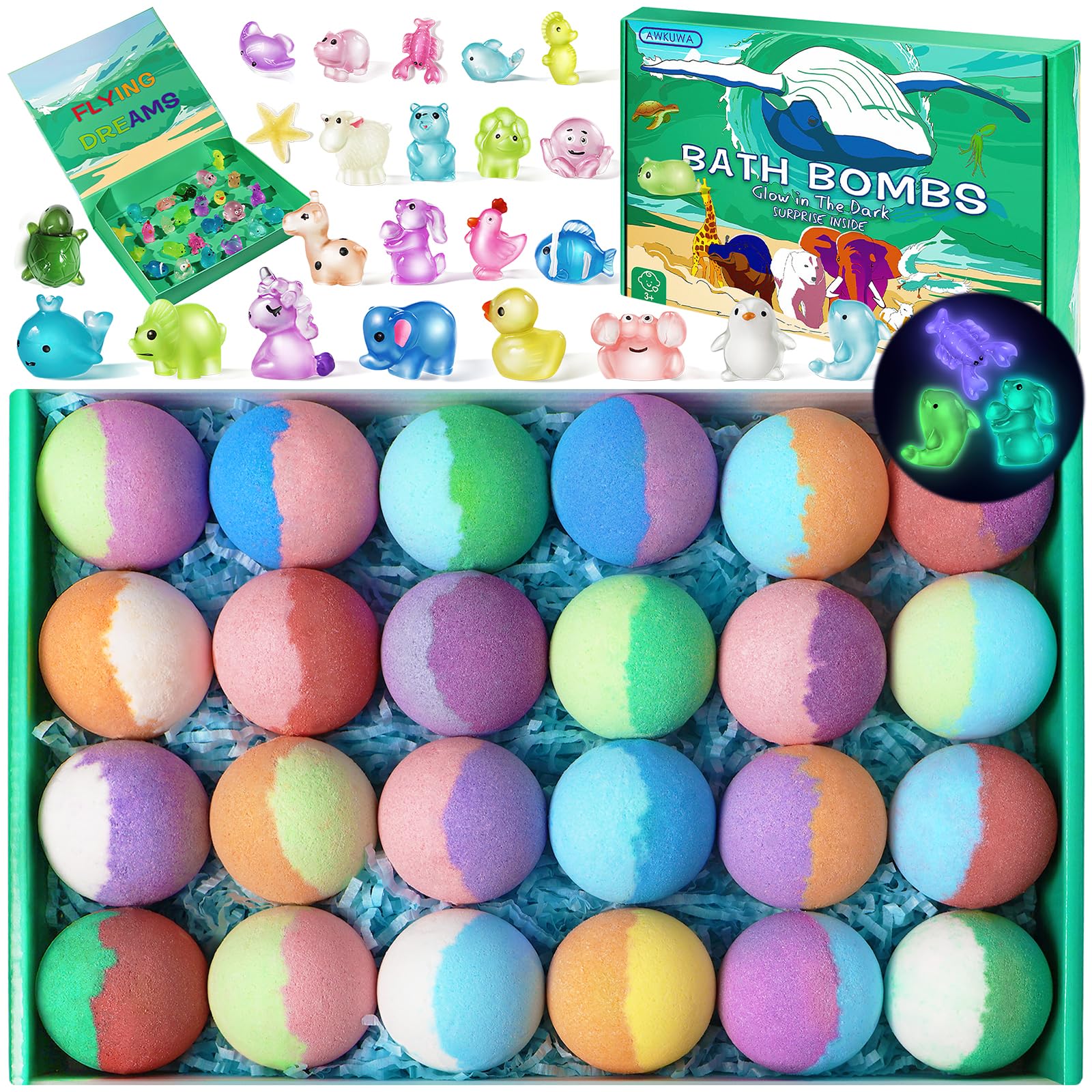 AWKUWA Kids Bath Bombs with Glow-in-the-Dark Toys — 24 Pack