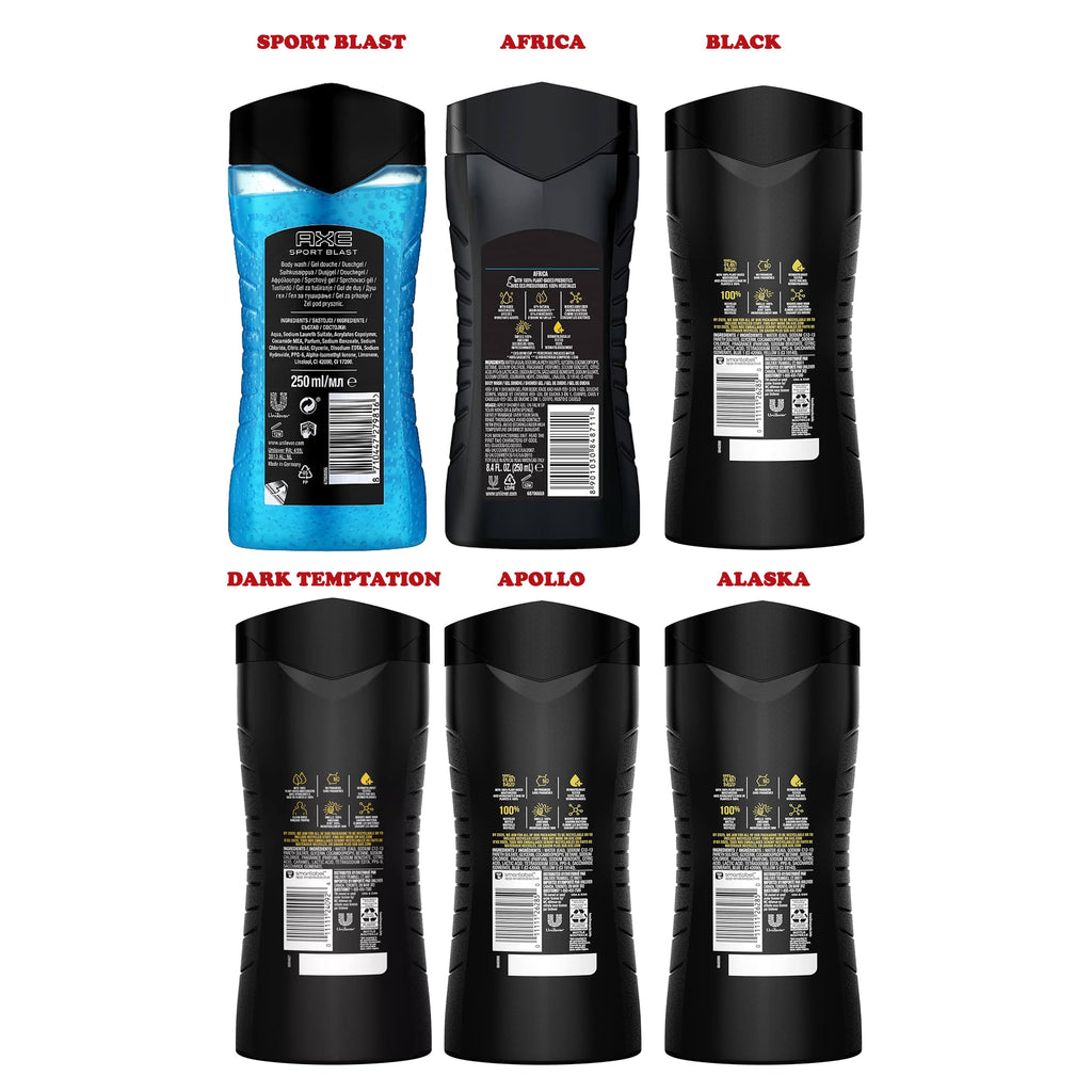 AXE Men's Body Wash Variety Set — 6 Pack, 8.5 oz Each, 3-in-1 Body, Face & Hair Wash